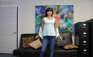 18 year old cutie Stella May gets undressed before riding on top POV style